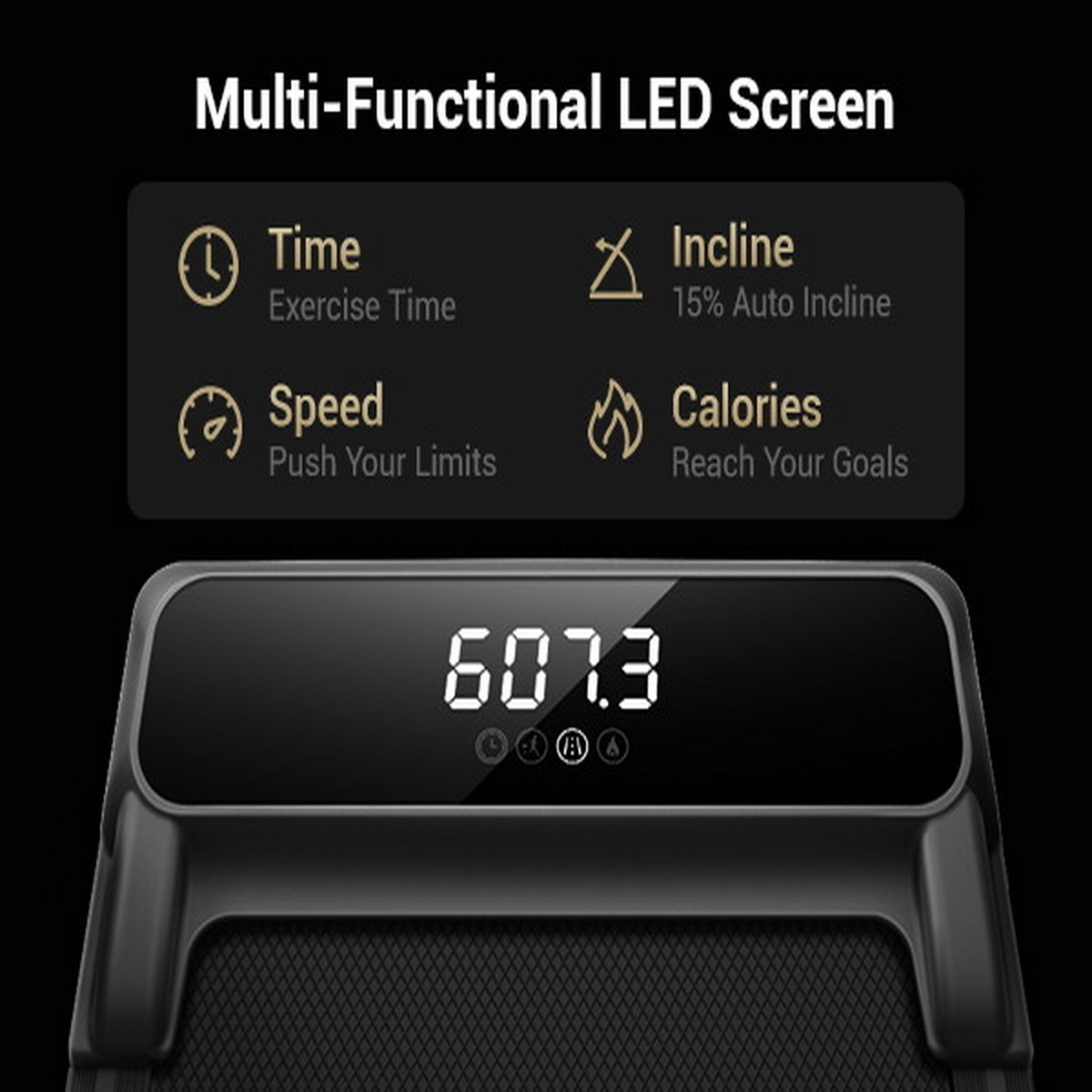 Multifunktionaler LED-Bildschirm zeigt Zeit, Neigung, Geschwindigkeit und Kalorien an.