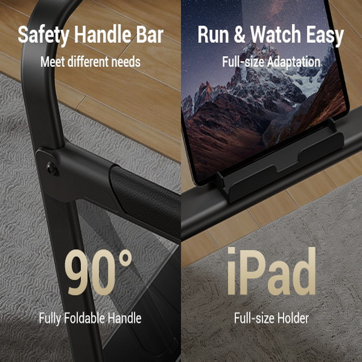 Laufband mit klappbarem Sicherheitsgriff und iPad-Halterung.