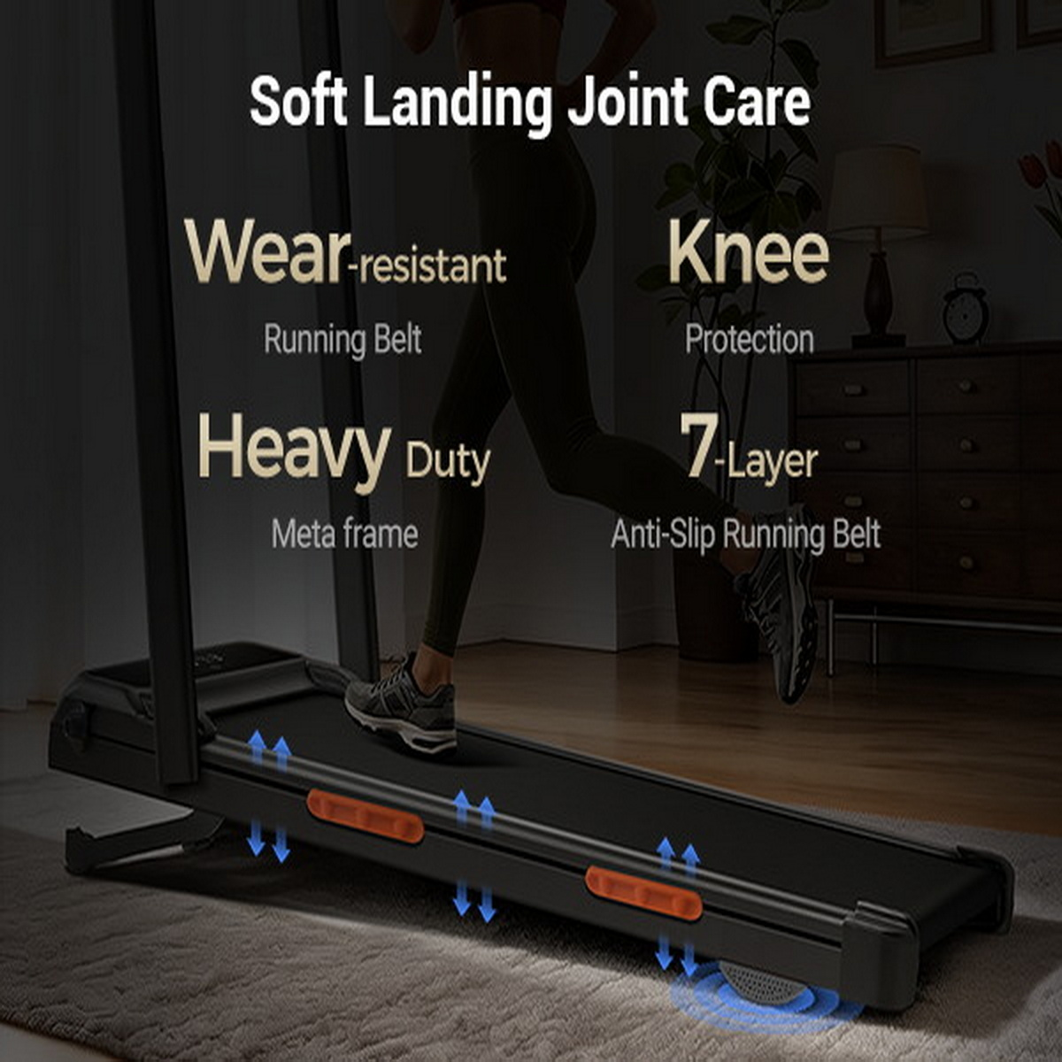 Laufband mit Texten zu Gelenkschutz, verschleißfestem Band, robustem Metallrahmen und Knie-Schutz.