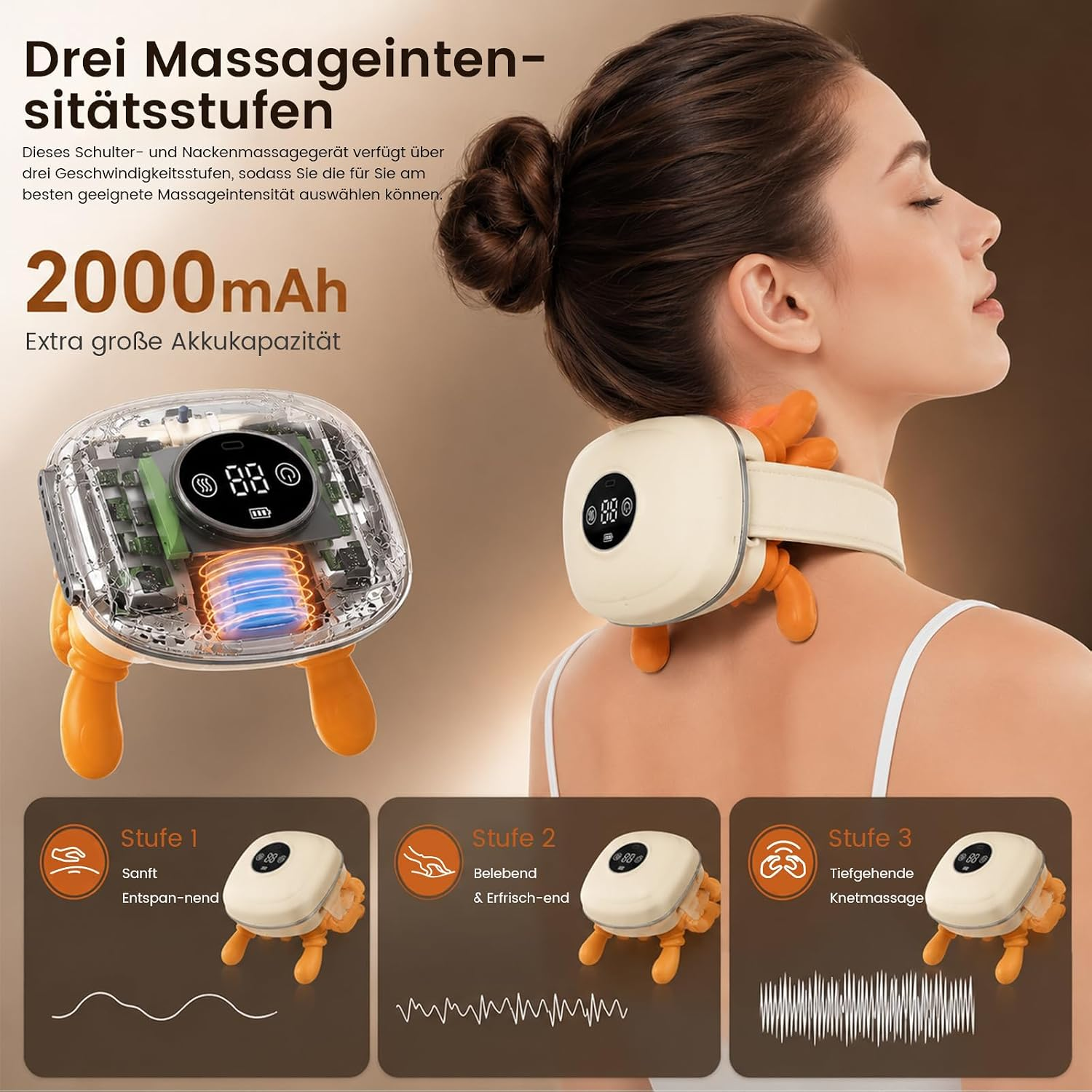 Eine Frau trägt ein beiges Nackenmassagegerät mit orangen Knetköpfen, daneben das Innenleben und drei Stufen.