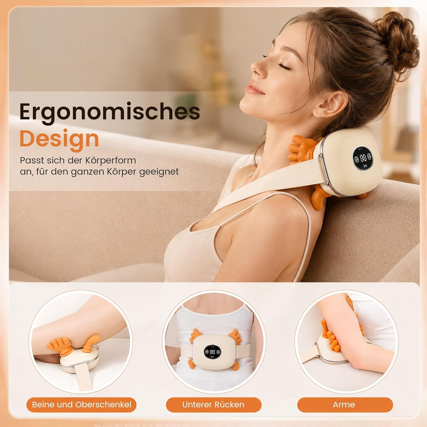 Eine Frau nutzt ein ergonomisches Massagegerät am Nacken und an verschiedenen Körperteilen.