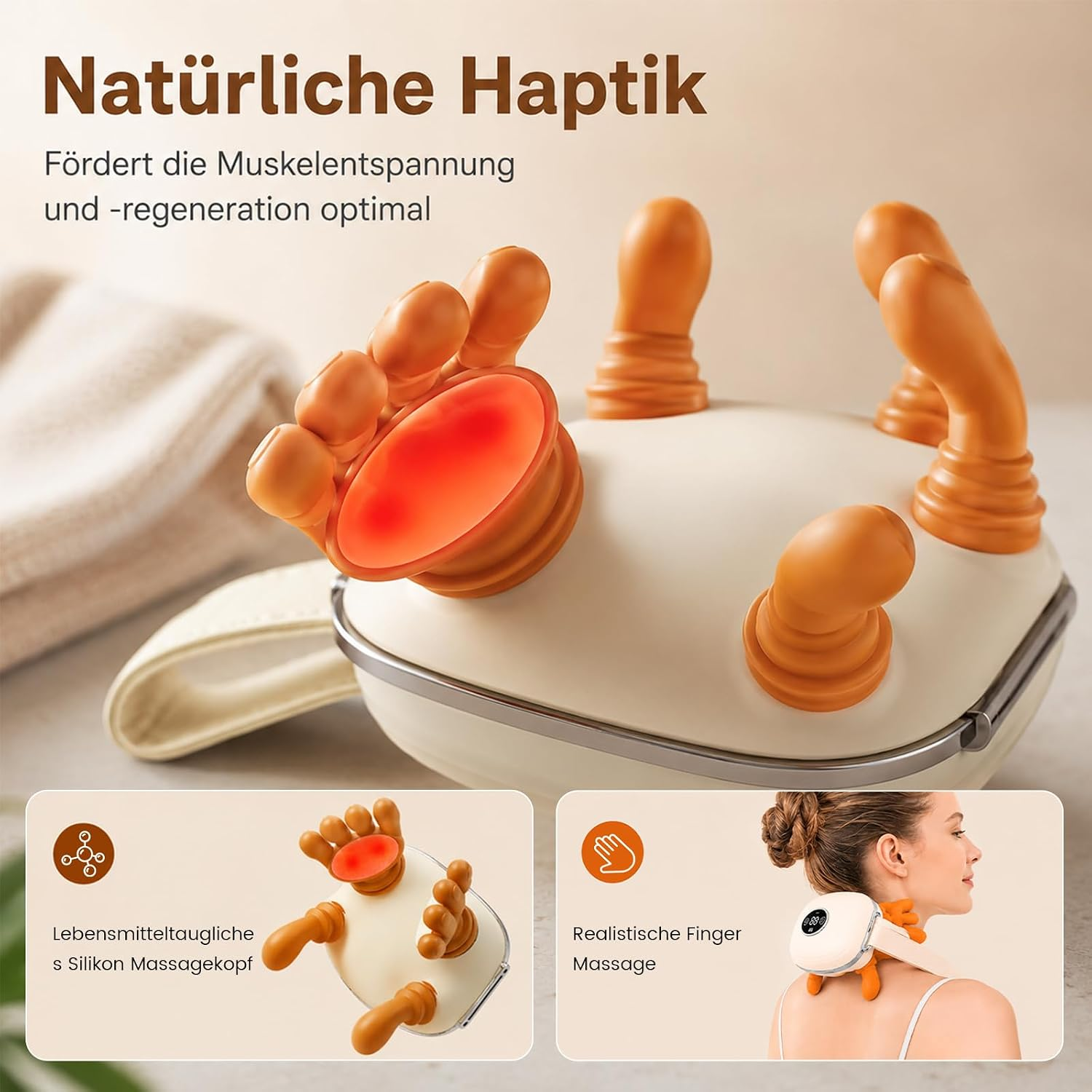 Ein weißer Massagegerät mit orangen Silikonfingern und Wärmefunktion, ideal zur Muskelentspannung.