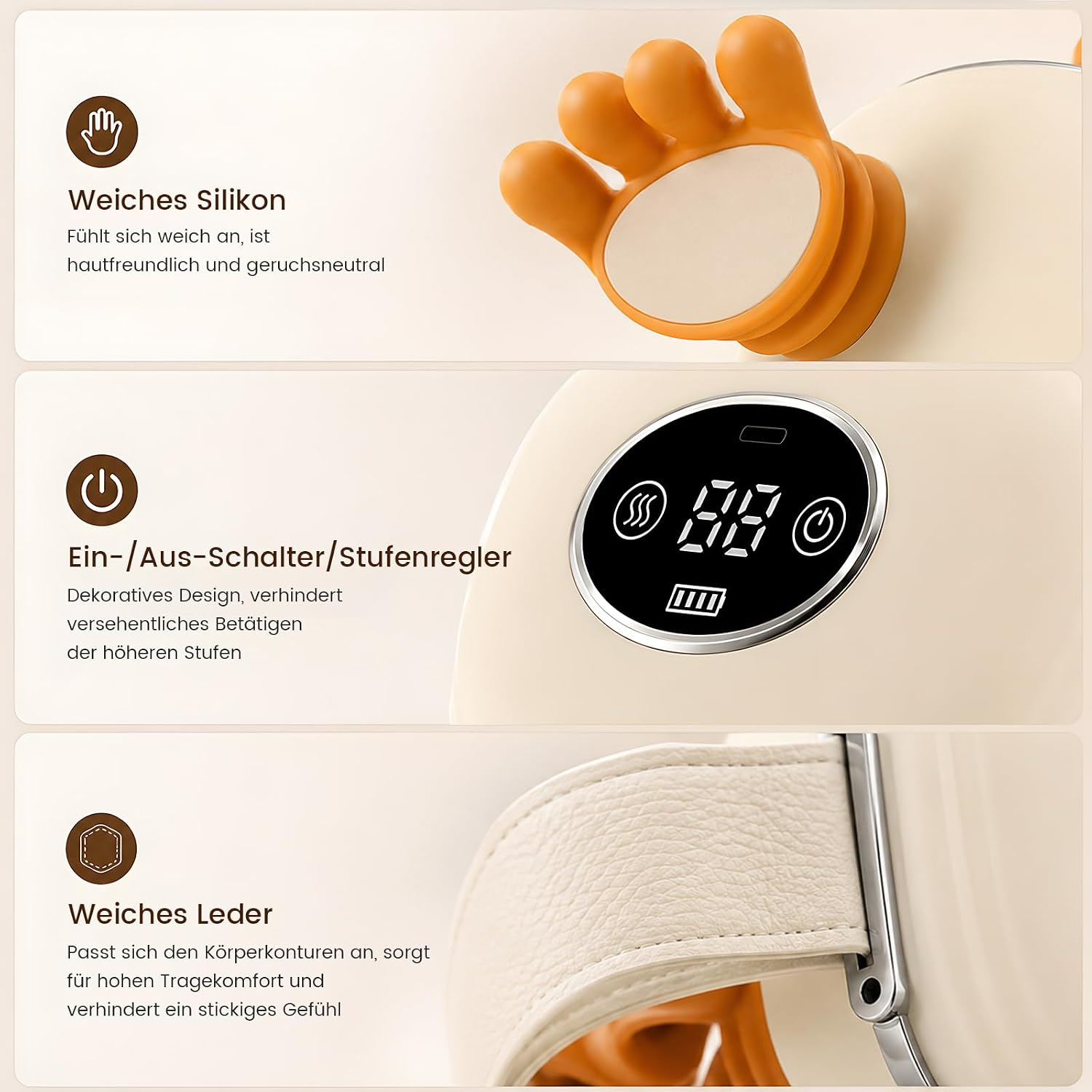 Produktmerkmale: weiches Silikon, Ein-/Ausschalter, weiches Leder. Infografik mit Text auf Deutsch.