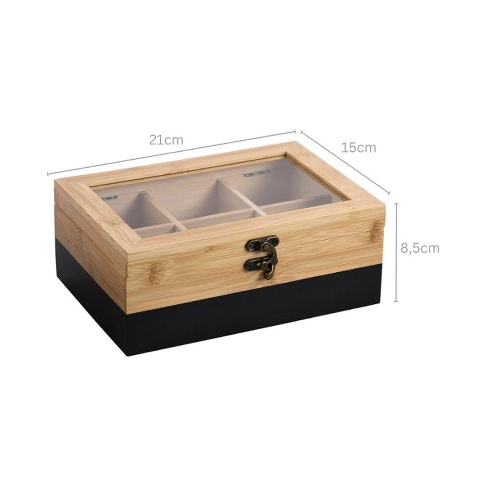 Scatola da tè in legno con base nera, coperchio in vetro, chiusura in ottone e misure.