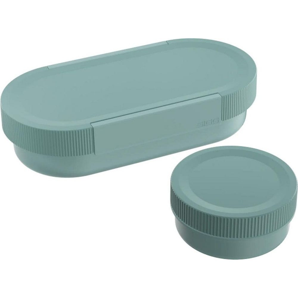 Port pranzo verde menta opaco con angoli arrotondati e piccolo contenitore rotondo dello stesso colore su sfondo bianco.