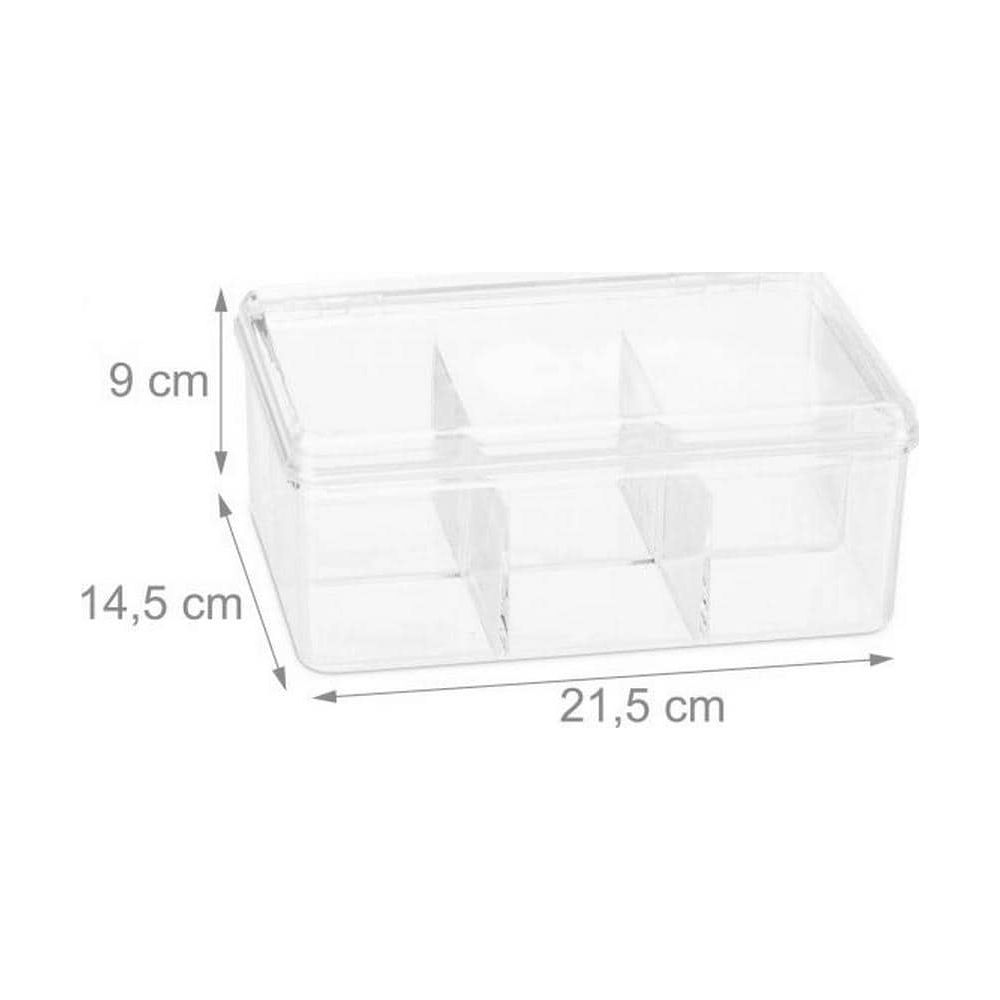 Scatola portaoggetti trasparente con dimensioni 21,5x14,5x9 cm.