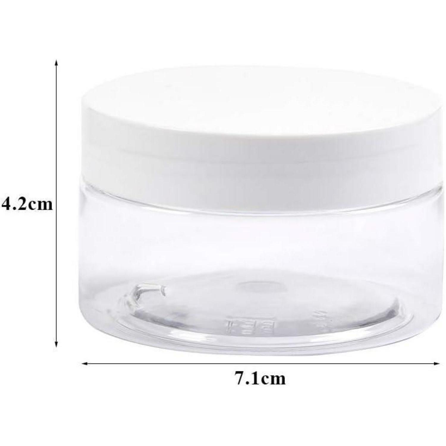 Barattolo di plastica trasparente con coperchio bianco, alto 4,2 cm e largo 7,1 cm.
