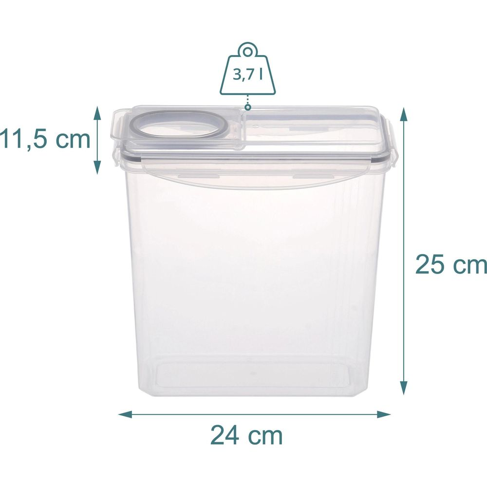 Ein klarer Kunststoff-Vorratsbehälter mit Maßen 24x11,5x25 cm und 3,7 Liter Fassungsvermögen.