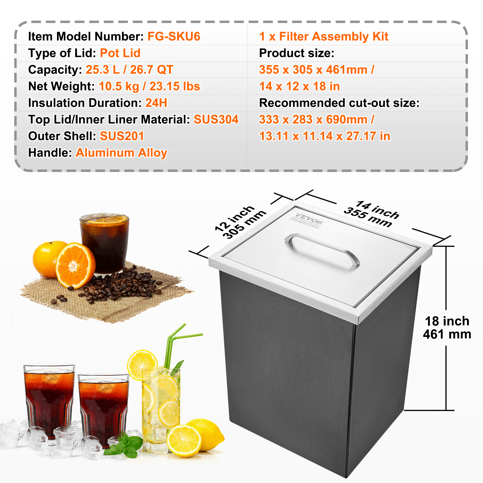 Especificaciones del producto y dimensiones de un kit de filtro con bebidas heladas y cítricos.