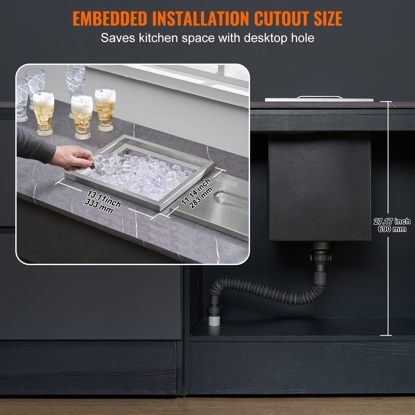 El diagrama muestra el tamaño de corte para instalación de cubitera empotrada con dimensiones y tubo.
