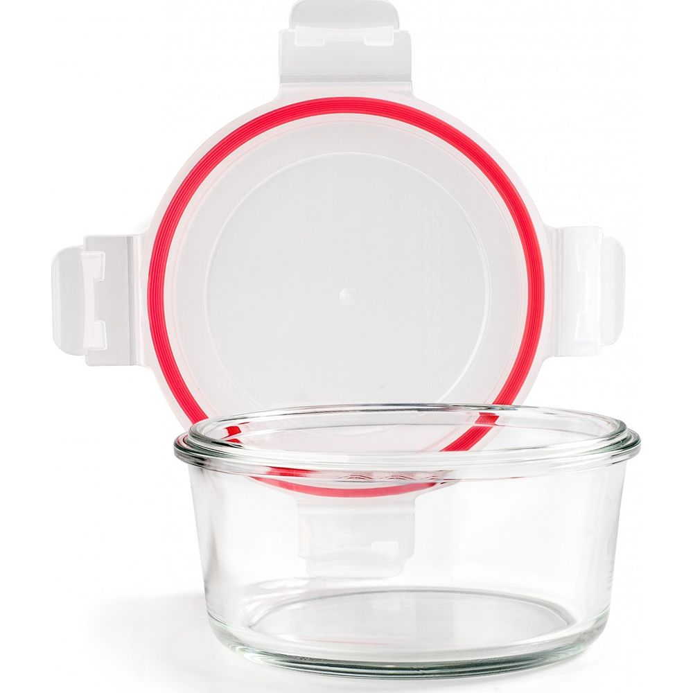 Contenitore per alimenti rotondo in vetro con coperchio in plastica trasparente e guarnizione rossa.