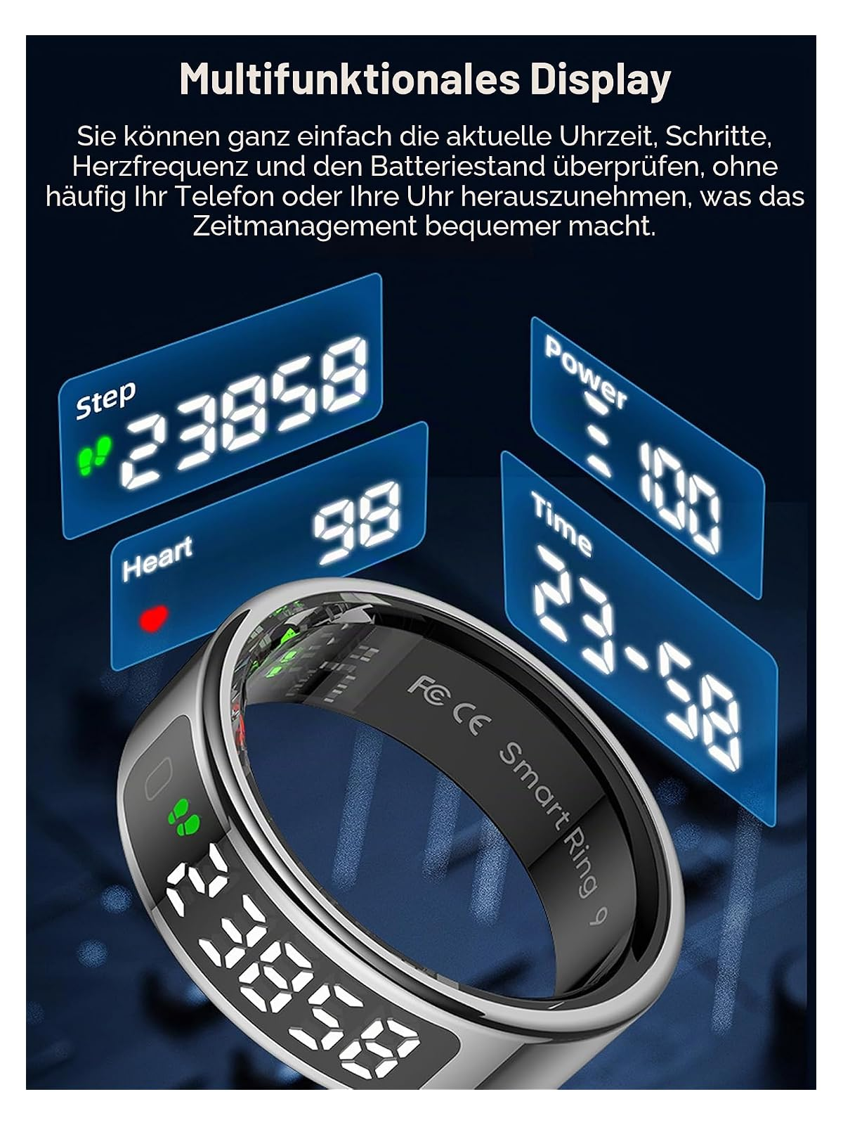 Silberner Smart Ring mit digitaler Anzeige für Schritte, Herzfrequenz, Zeit und Akkustand vor blauem Hintergrund.