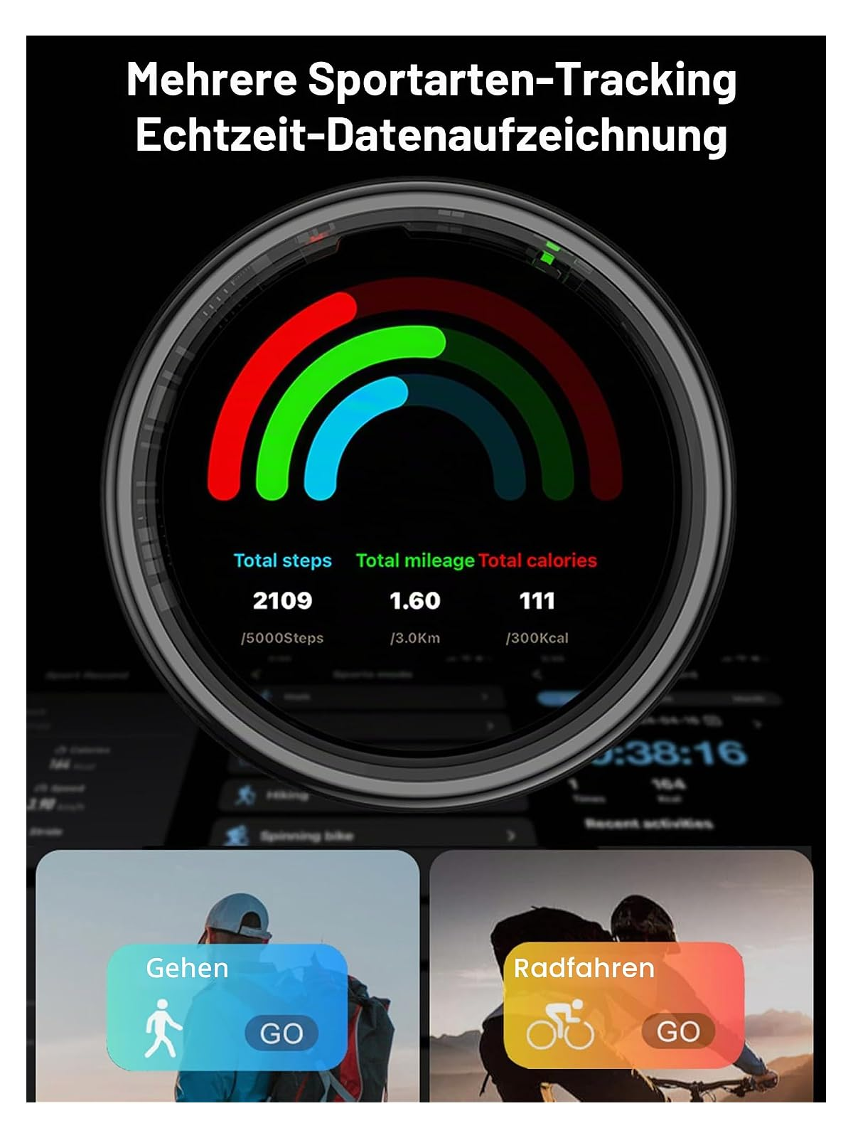 Smartwatch-Display zeigt Aktivitätsringe und Fitnessdaten wie Schritte, Strecke und Kalorien.