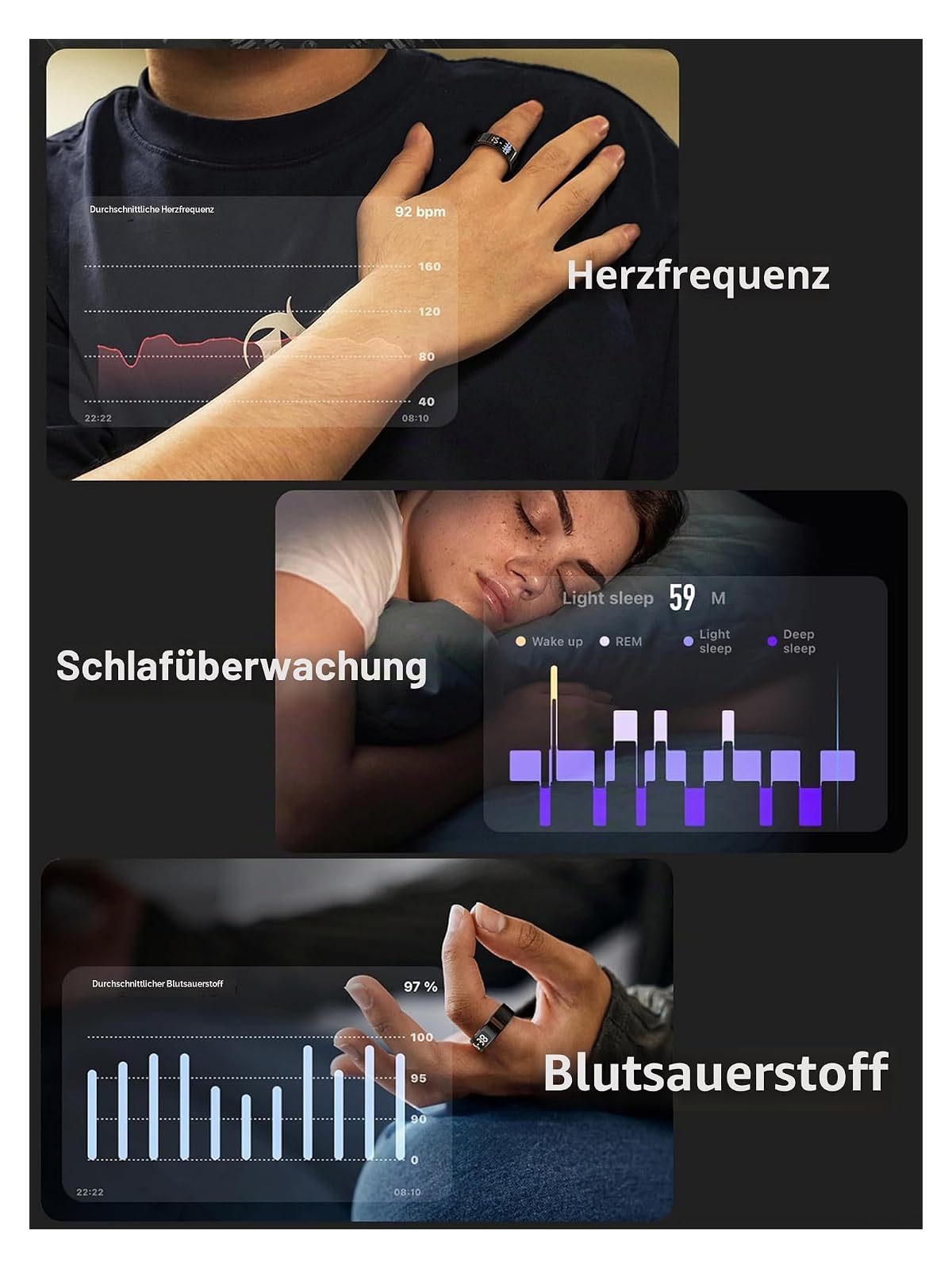 Smart Ring misst Herzfrequenz, Schlaf und Blutsauerstoff mit App-Daten.