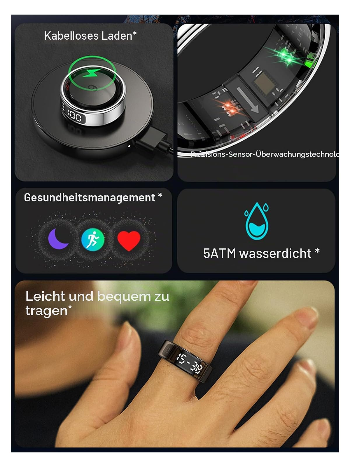 Intelligenter Ring mit kabellosem Laden, Sensoren, Gesundheits- und Wasserdichtigkeits-Funktionen.
