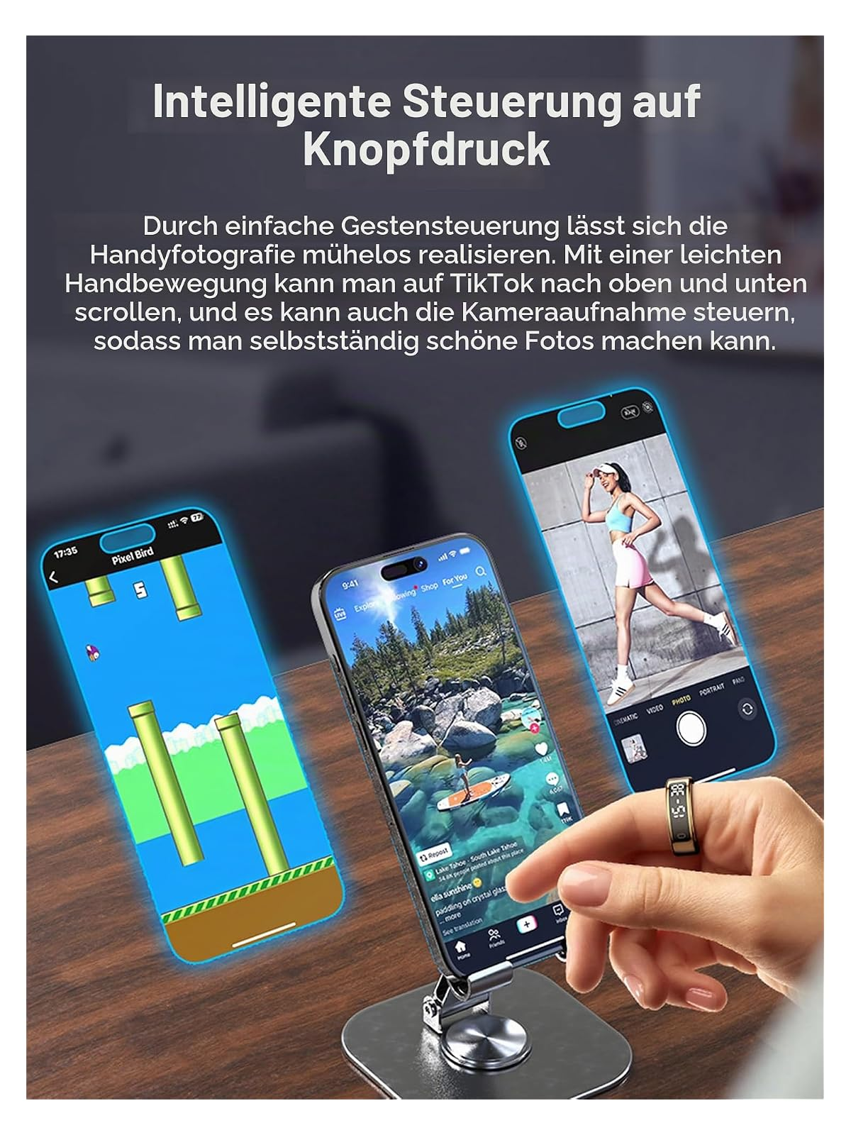 Drei Smartphones auf Ständern mit deutscher Textüberlagerung und einer Person mit einem intelligenten Ring.