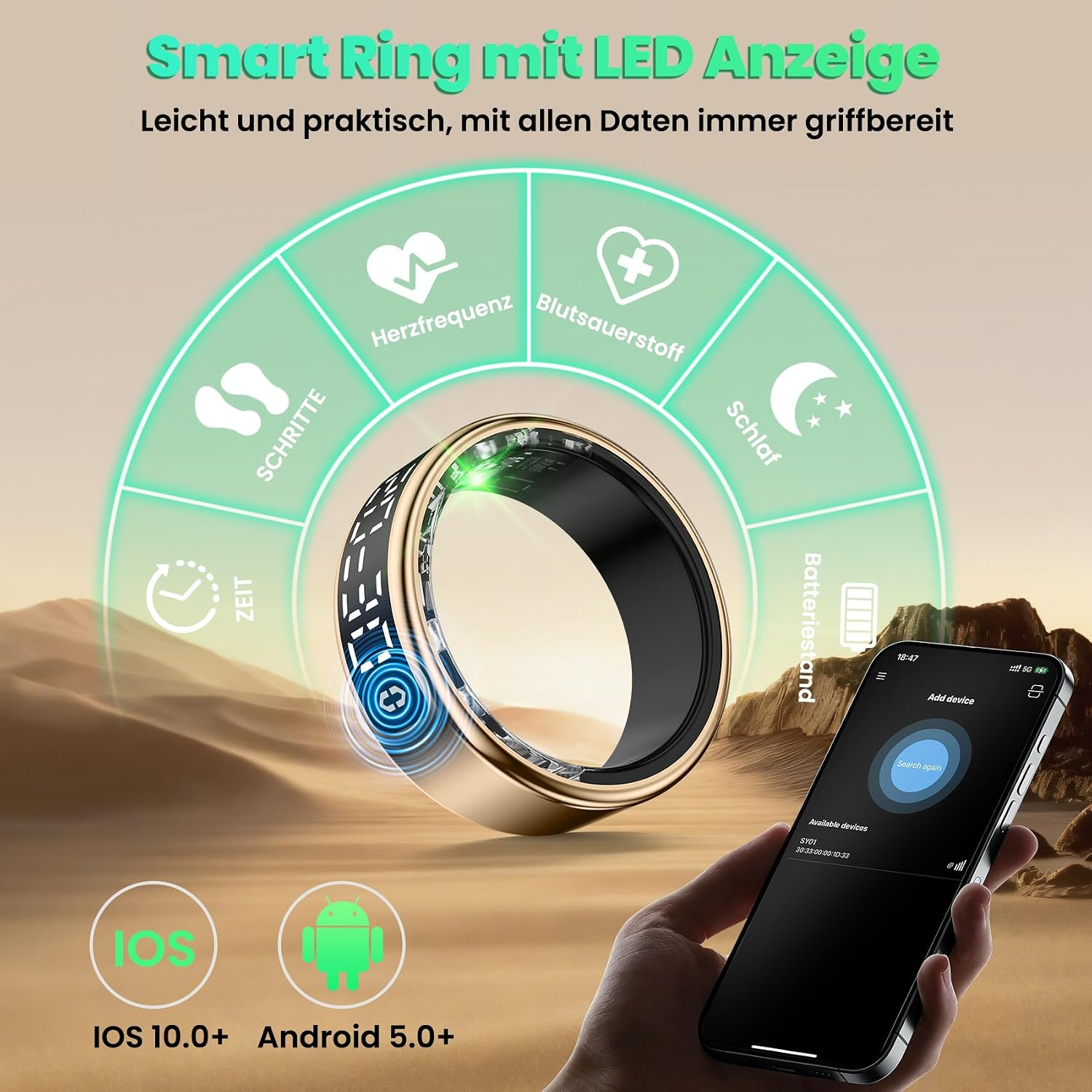 Ein goldener Smart Ring zeigt Gesundheitsdaten an, neben einem Smartphone und Text auf Deutsch.