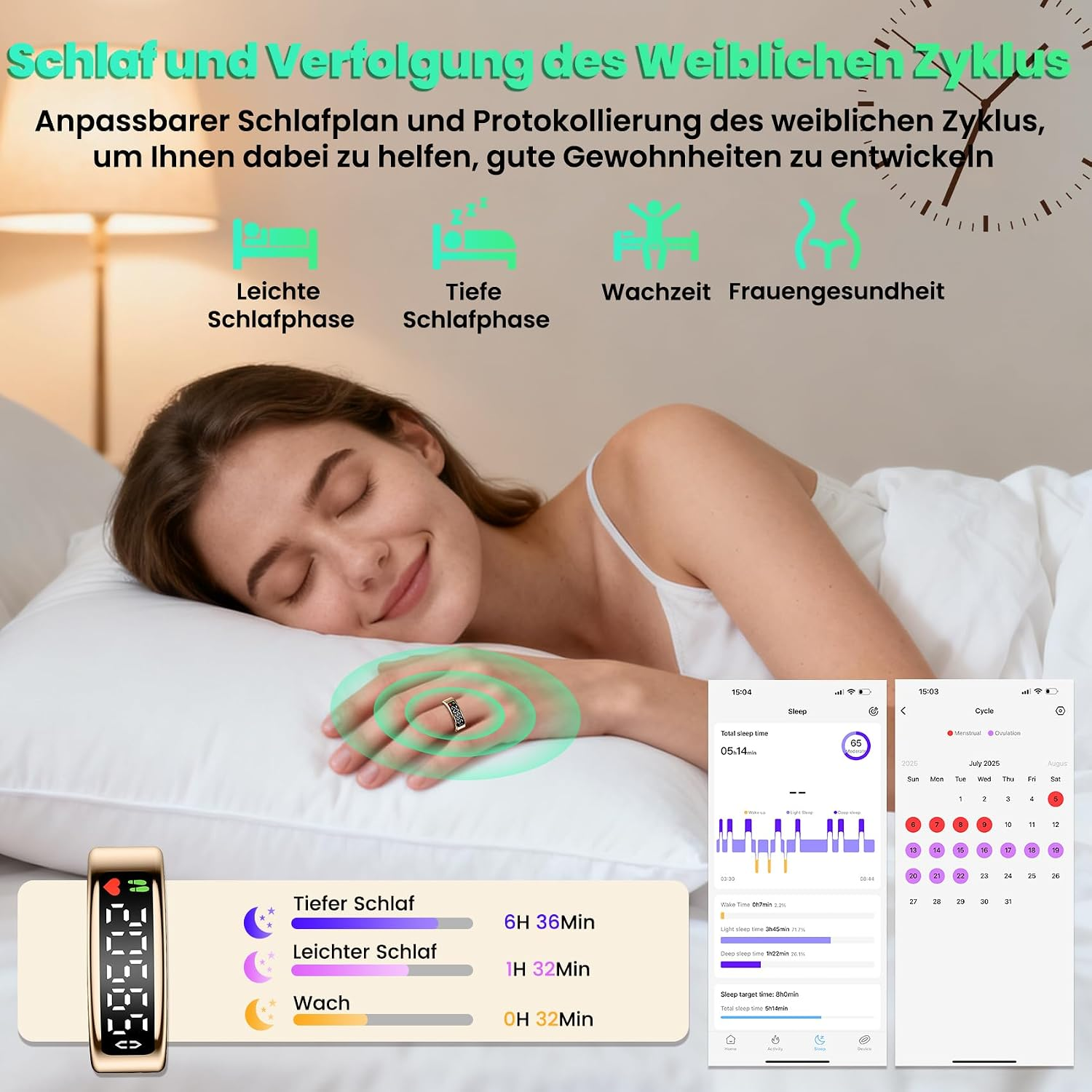 Eine lächelnde Frau schläft friedlich mit Smartring im Bett, mit Schlaf- und Gesundheits-Apps.