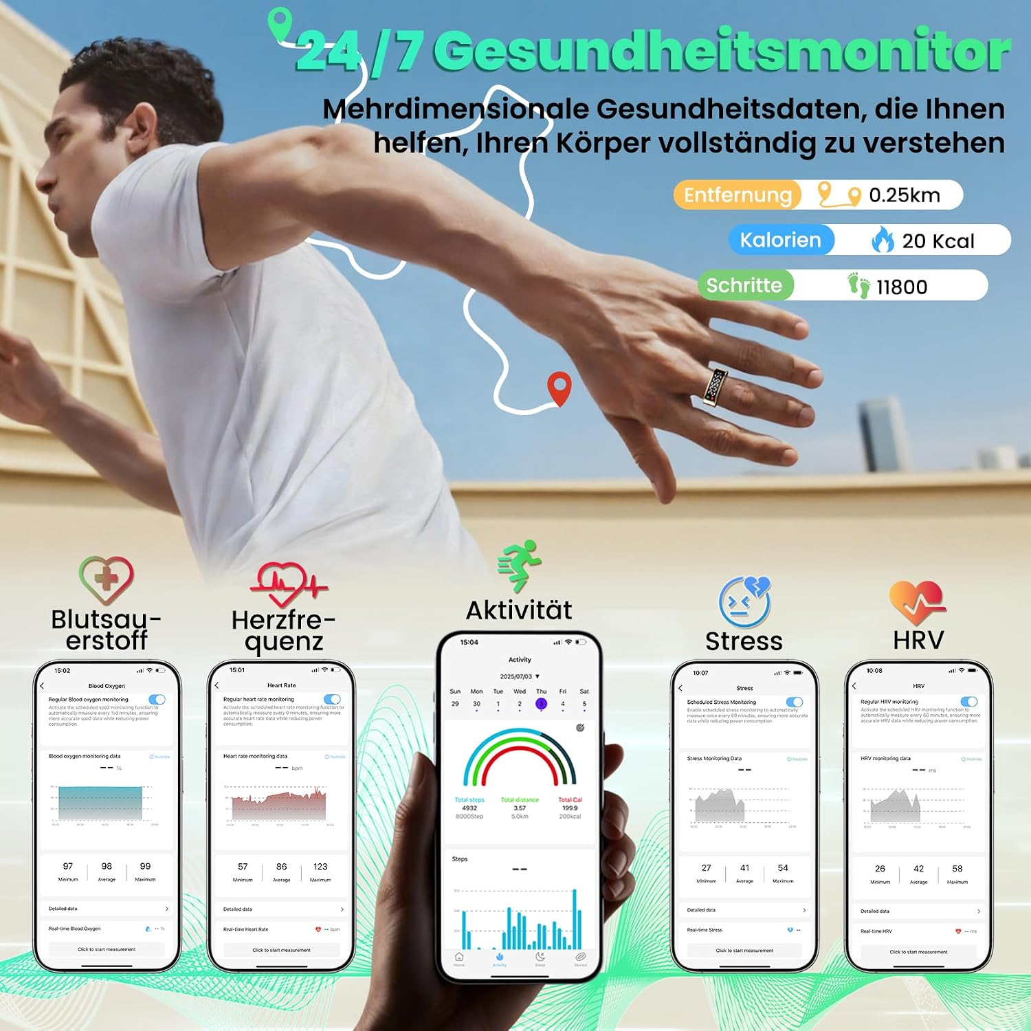 Ein Mann läuft, ein Smart Ring an seinem Finger, und fünf Smartphones zeigen Gesundheitsdaten.