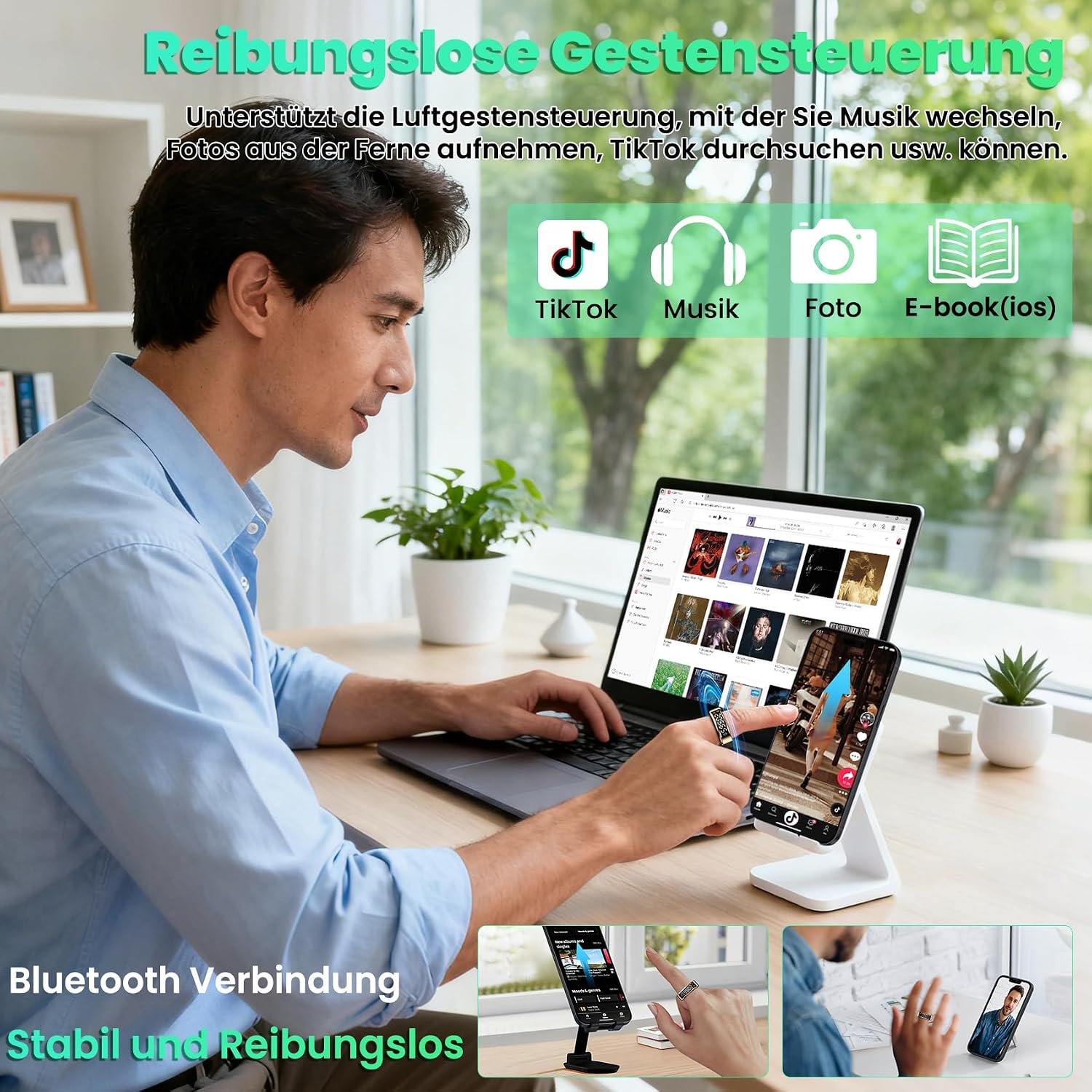 Ein Mann sitzt an einem Laptop und steuert mit einem Smartring eine App auf seinem Smartphone, mit Text und Icons.