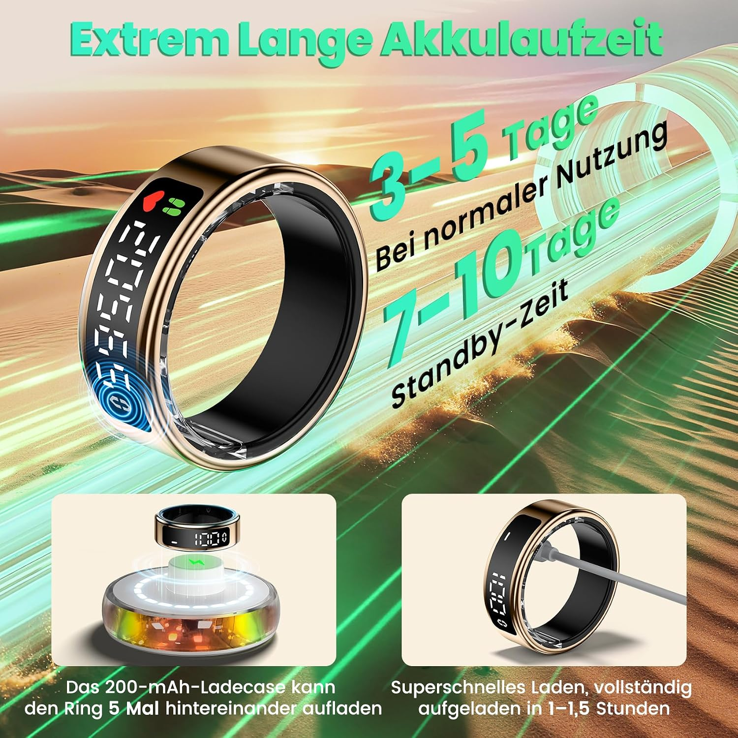 Goldener Smart Ring mit Display und Ladecase vor Wüstenhintergrund.