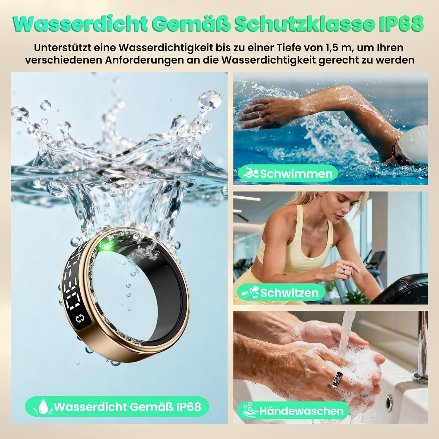 Wasserdichter Smartring IP68 beim Schwimmen, Sport und Händewaschen unter fließendem Wasser.