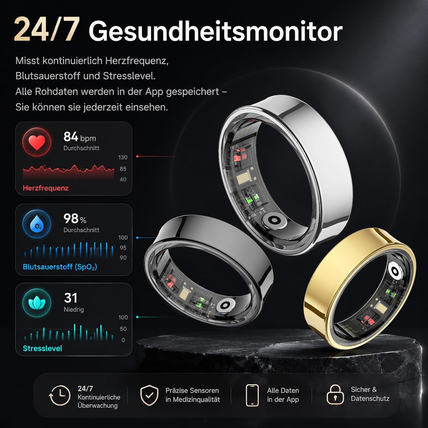 Drei smarte Ringe in Silber, Chrom und Gold auf dunklem Stein mit Gesundheitsdaten auf dem Bildschirm.