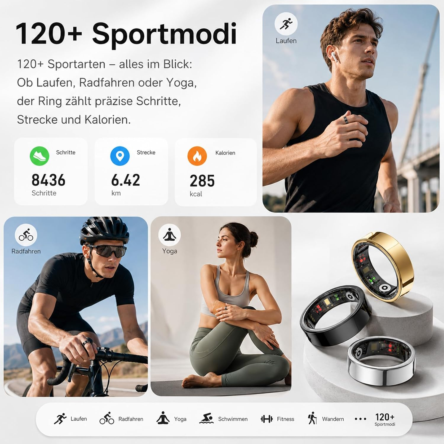 Fitness-Tracker und Smart-Ringe zeigen Sportmodi, Schritte, Strecke und Kalorien für verschiedene Aktivitäten an.
