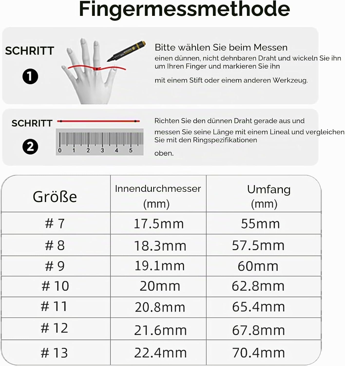 Anleitung zur Ringgrößenmessung mit Draht und Maßstab inklusive Größentabelle.