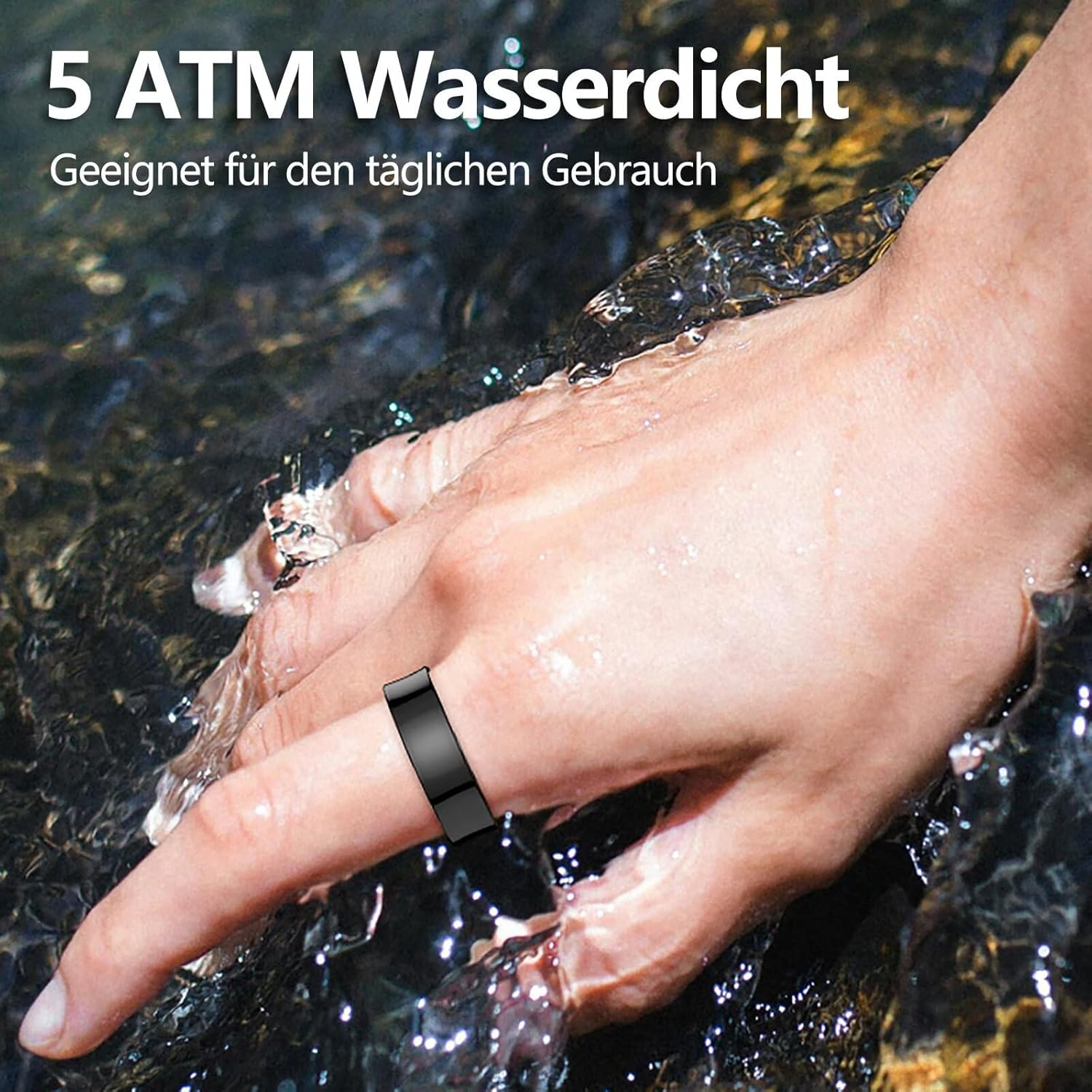 Hand mit schwarzem Ring im fließenden Wasser, Text oben.