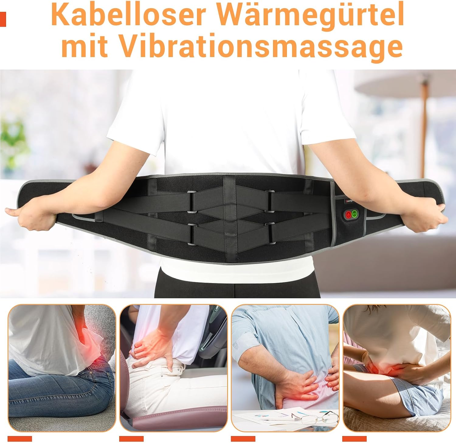 Person trägt einen schwarzen Heizgürtel mit Massagefunktion, mit kleineren Bildern unten, die die Anwendung zeigen.