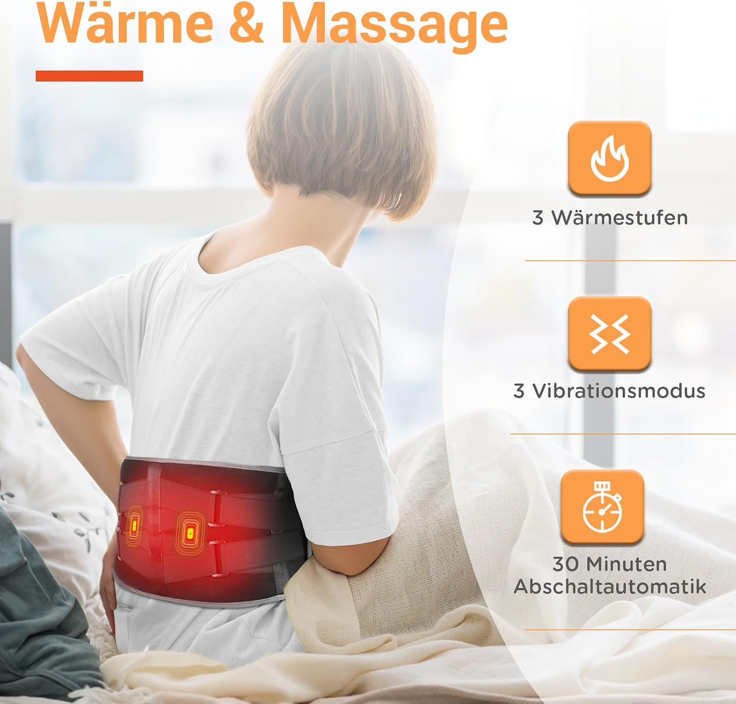 Frau trägt einen beheizten Massagegürtel am Rücken, mit Symbolen für Wärme, Vibration und Timer.