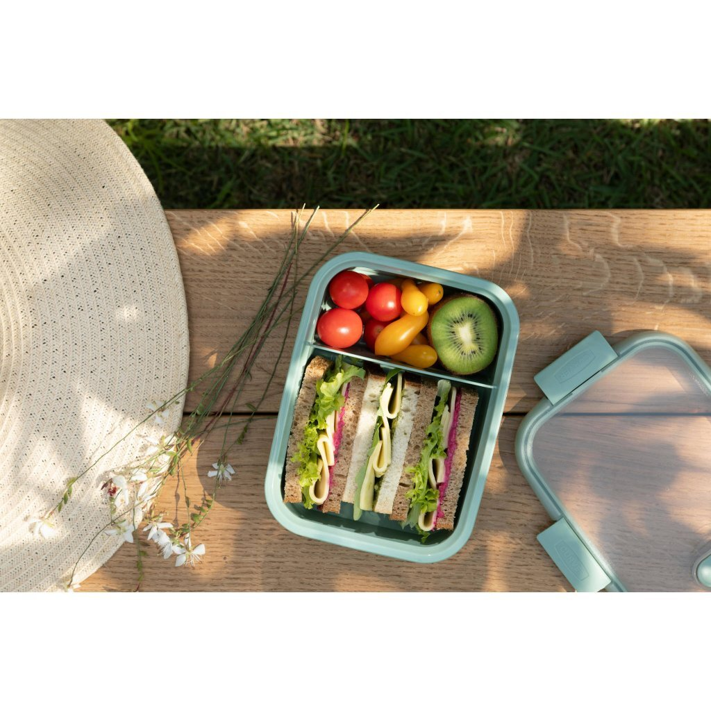 Un portapranzo verde con panini, pomodori e kiwi su legno con cappello.
