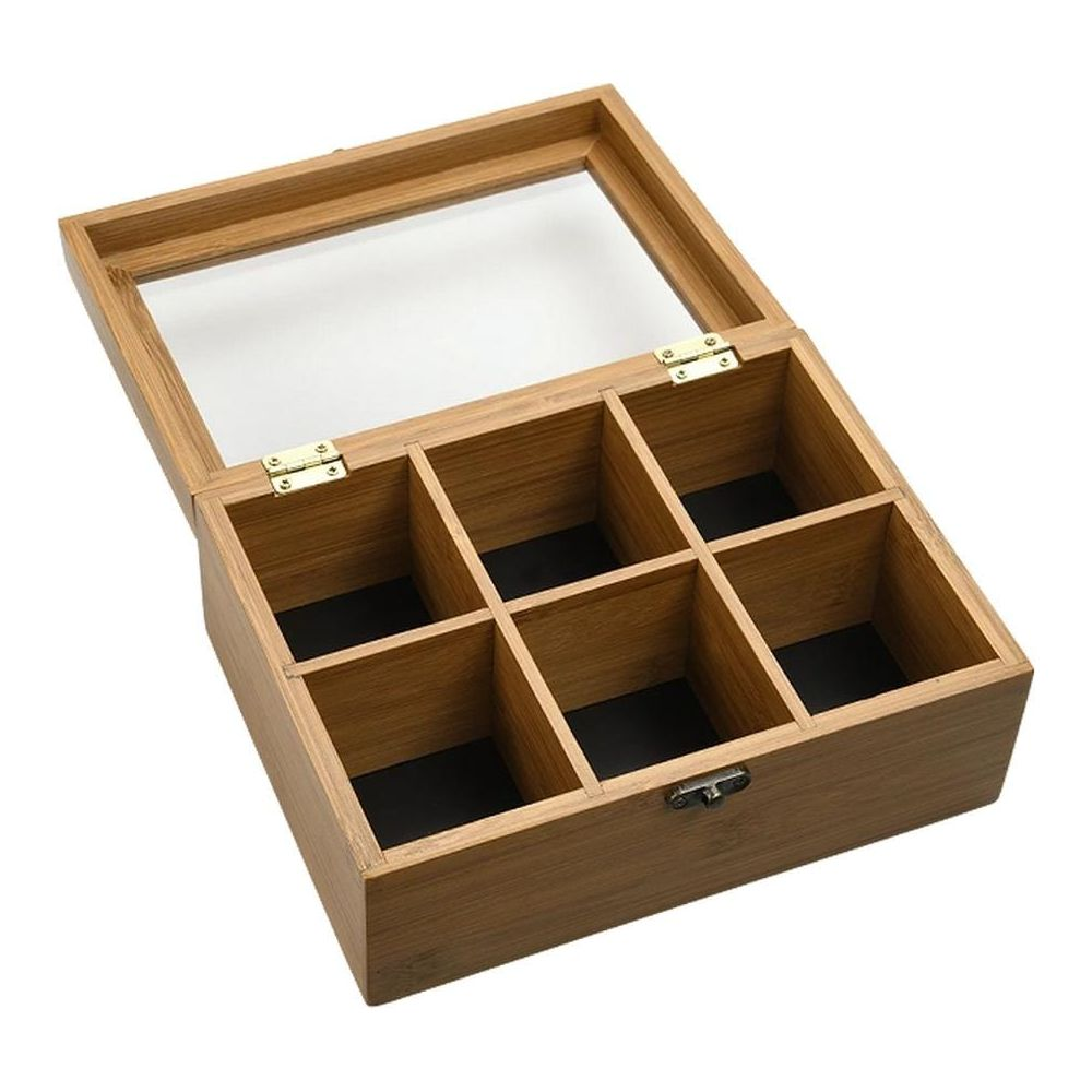 Scatola per tè in legno aperta con sei scomparti, coperchio in vetro e base nera.
