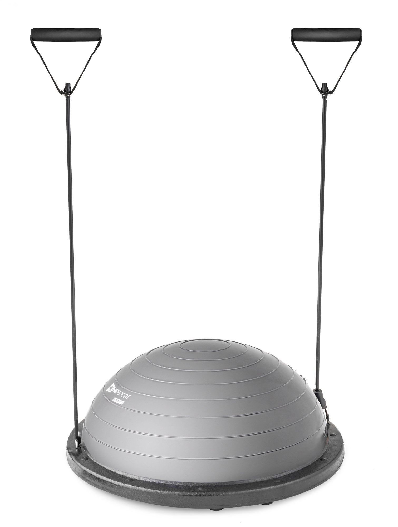 Grauer Balanceball mit schwarzer Basis und zwei Widerstandsbändern auf weißem Hintergrund.
