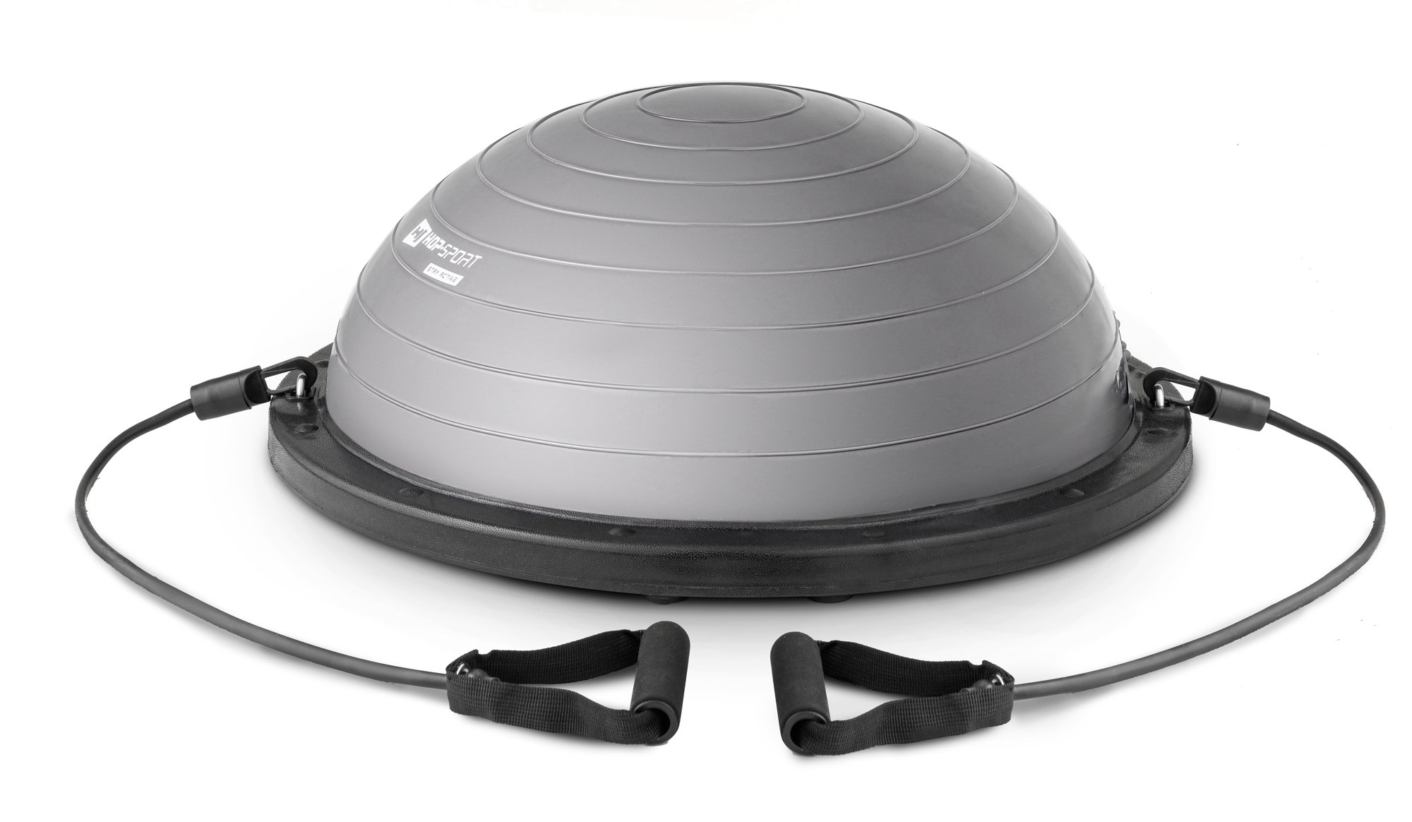 Grauer Balancetrainer mit schwarzen Widerstandsbändern und Griffen auf weißem Hintergrund.