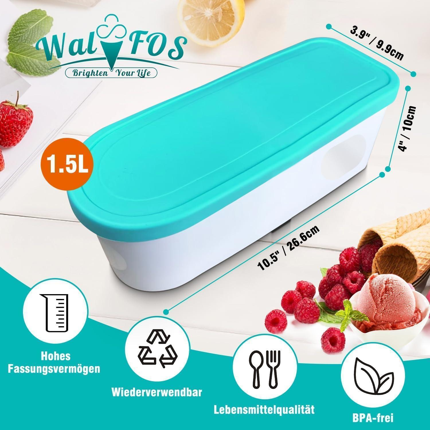 Contenitore bianco rettangolare con coperchio turchese, dimensioni, lamponi e gelato.