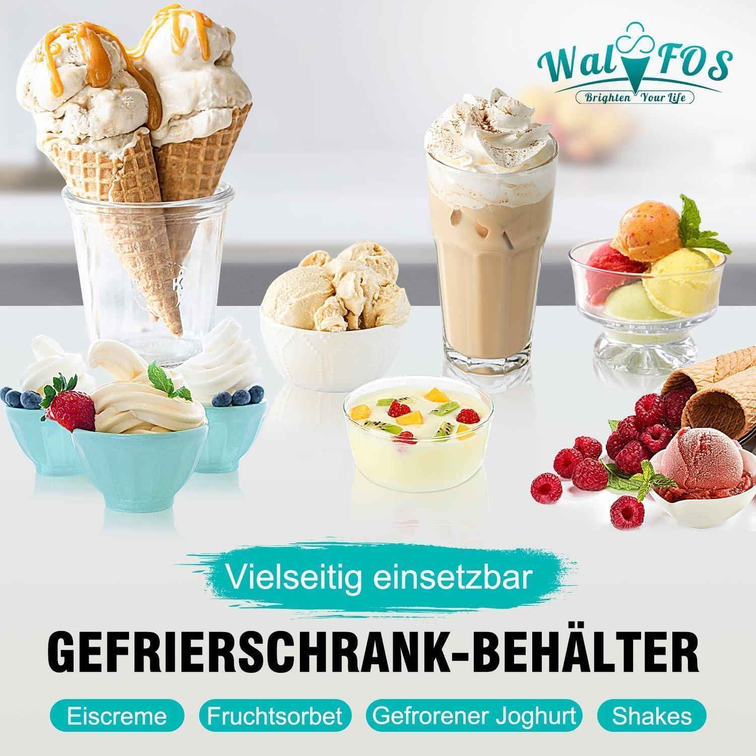 Vari gusti di gelato, frappè e sorbetti in bicchieri e ciotole su sfondo chiaro con testo.