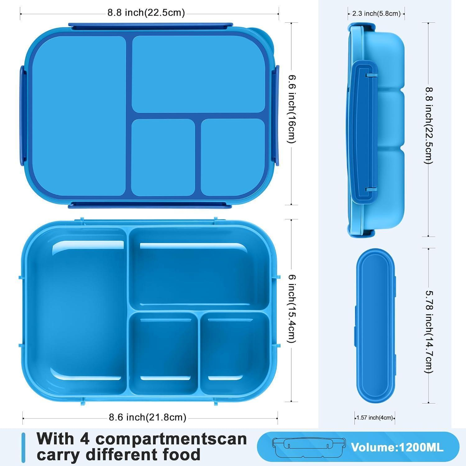 Scatola bento blu con quattro scomparti e dimensioni.