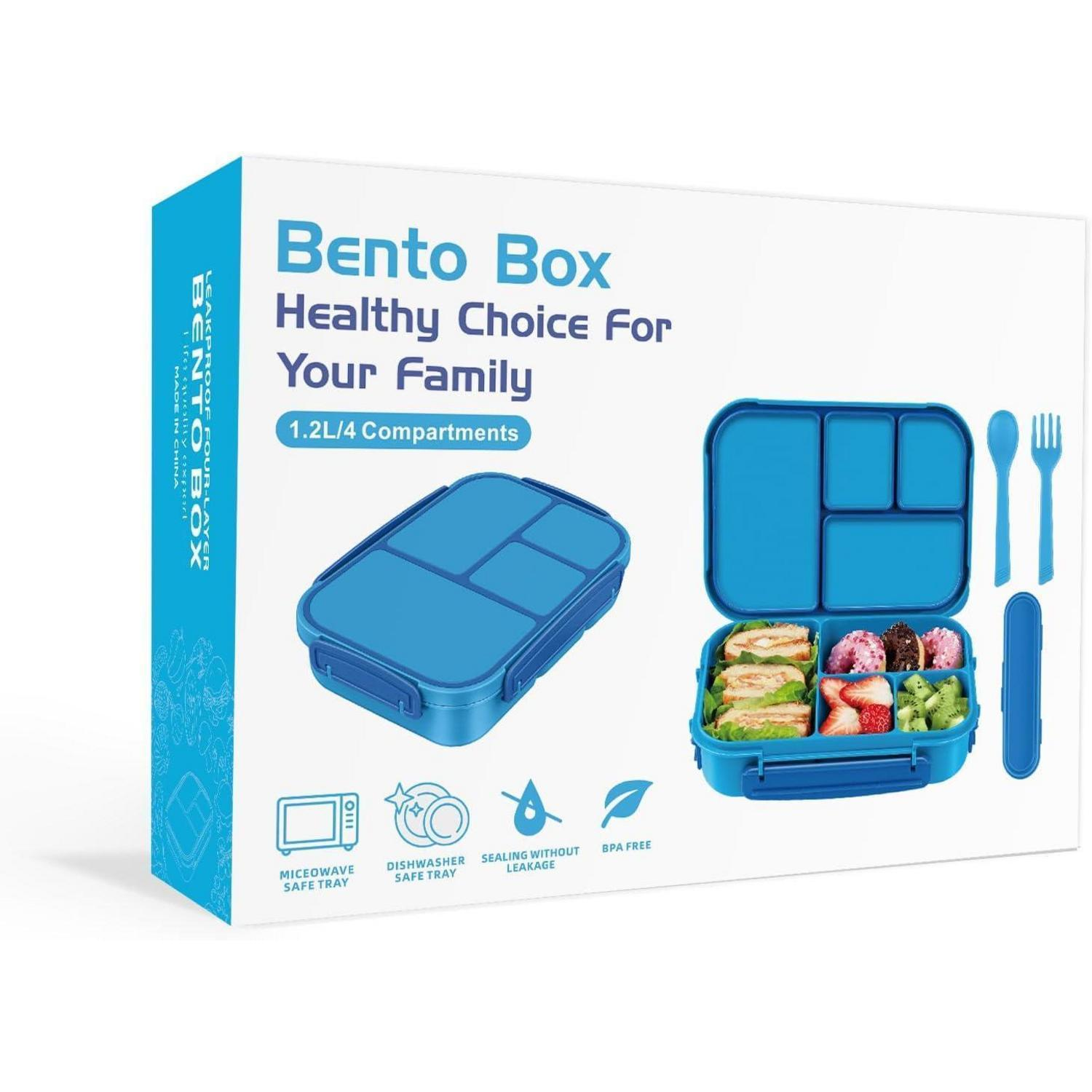 Confezione di un bento box blu con quattro scomparti, posate e icone per microonde e lavastoviglie.