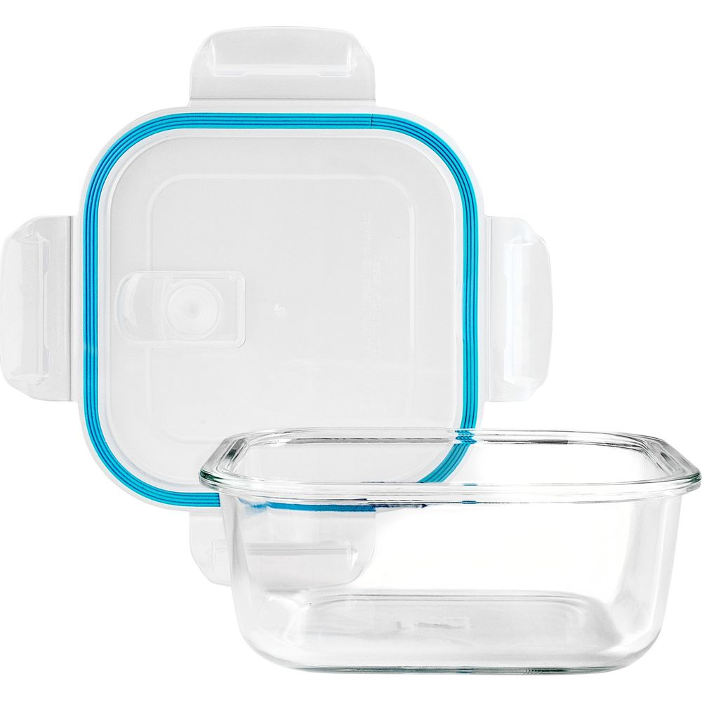 Contenitore per alimenti quadrato in vetro con coperchio trasparente e guarnizione in silicone blu, su sfondo bianco.