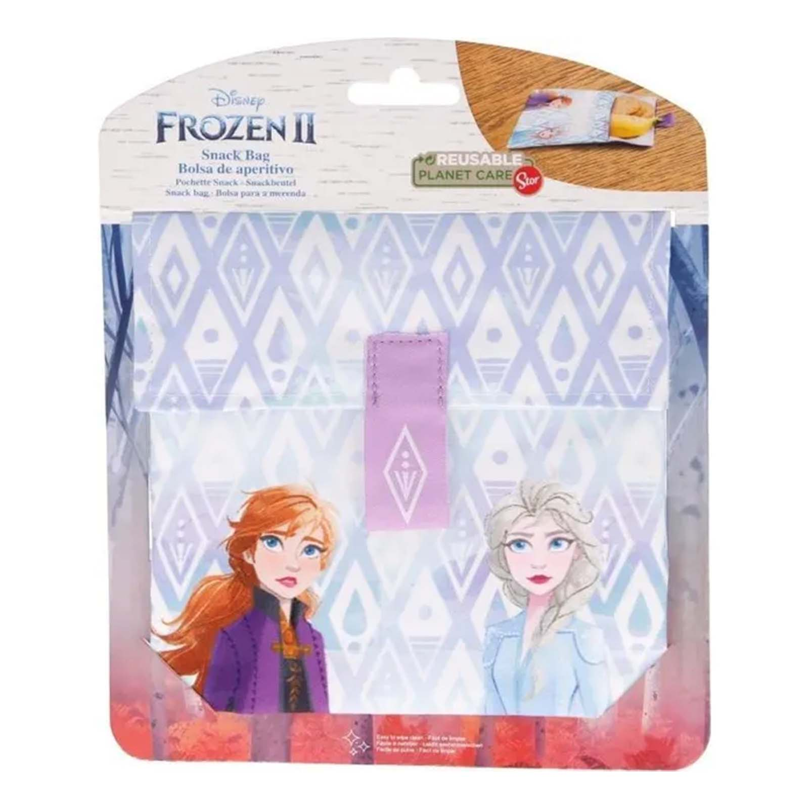 Confezione di sacchetto per snack riutilizzabile Frozen II con Anna ed Elsa su sfondo azzurro.