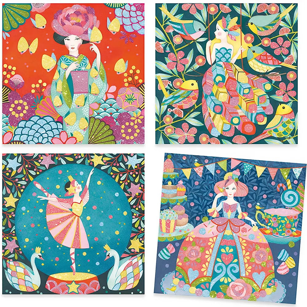 Vier farbenfrohe Kunstwerke zeigen fantasievolle Szenen mit Frauen, Blumen, Vögeln und glitzernden Details.