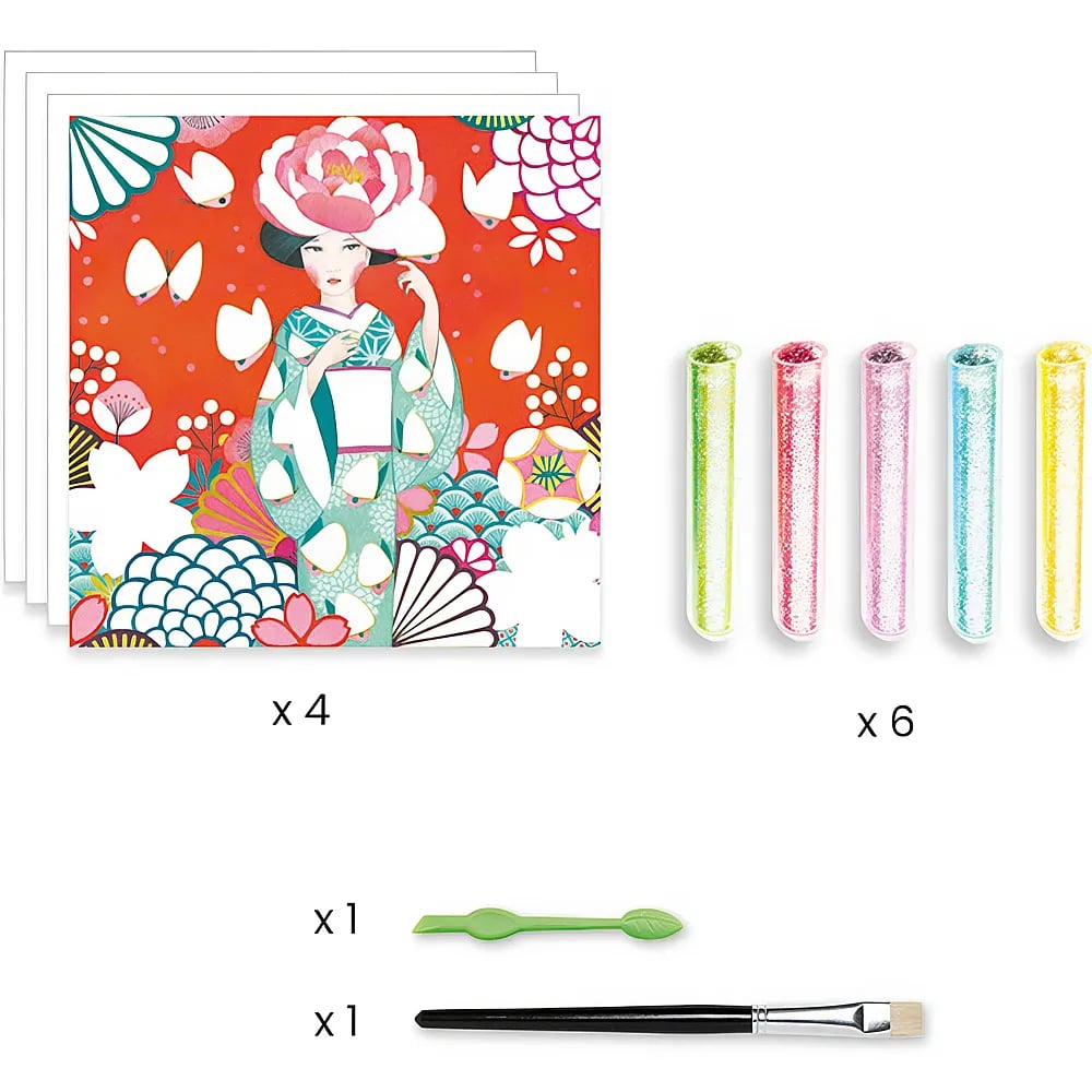 Bastelset mit vier Geisha-Bildern, Glitzertuben, einem grünen Werkzeug und einem Pinsel.