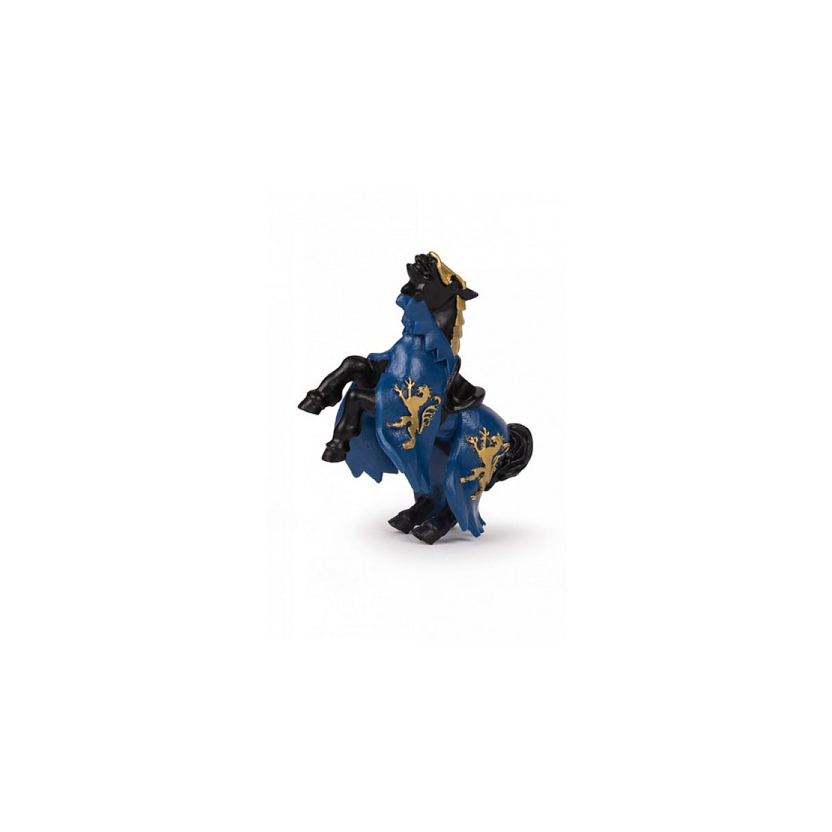 Schwarzes Spielzeugpferd reitet aufgebäumt mit blauer Rüstung und goldenem Löwenemblem.