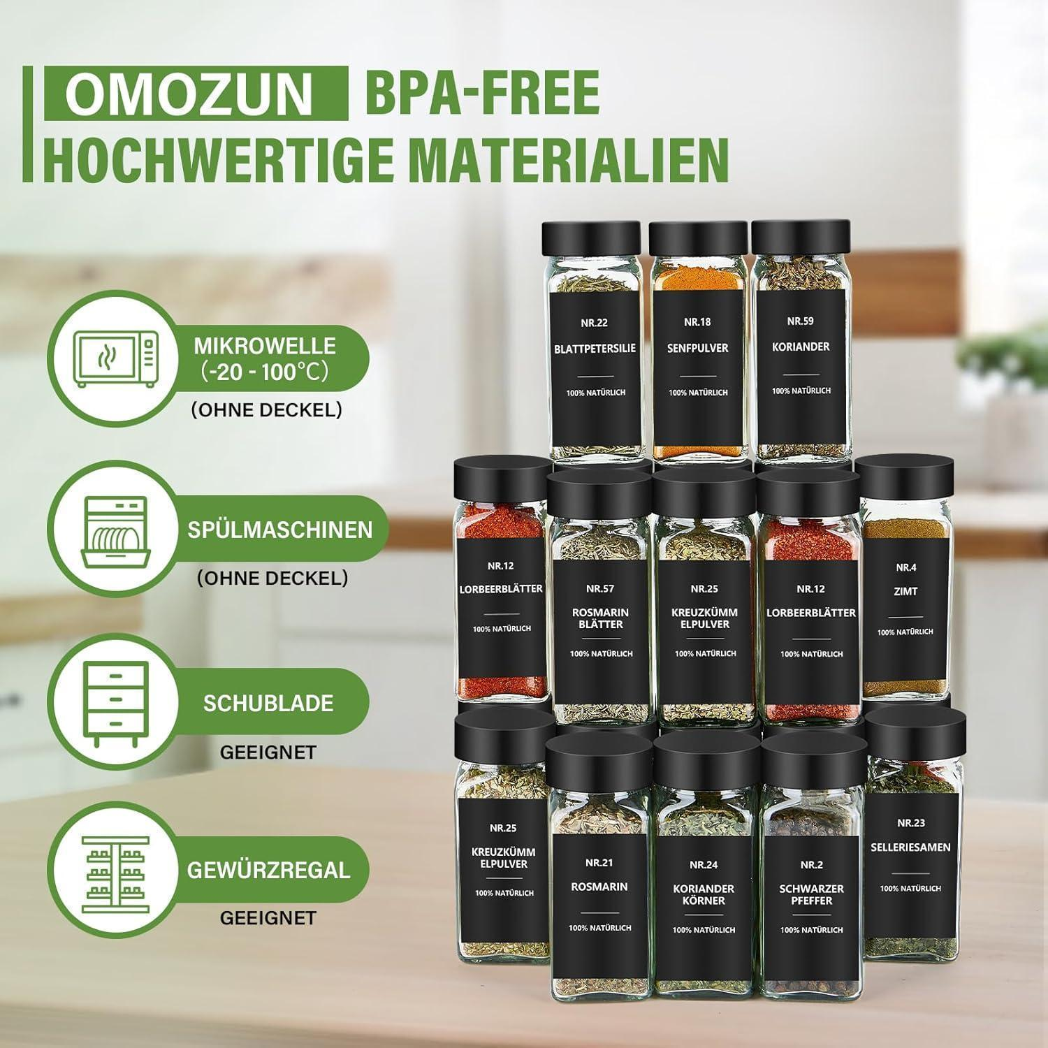 Barattoli di spezie senza BPA con etichette nere e icone per microonde, lavastoviglie e portaspezie.