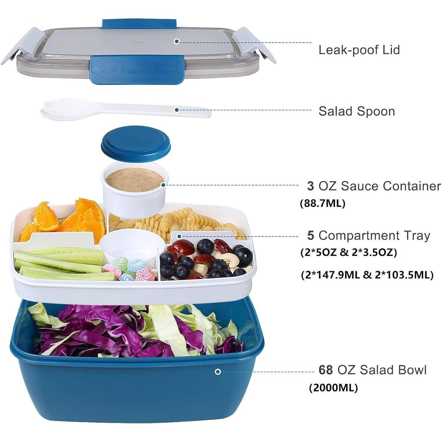 Schema di un portapranzo bento blu e bianco con etichette per coperchio, cucchiaio, contenitore per salsa, vassoio e ciotola.