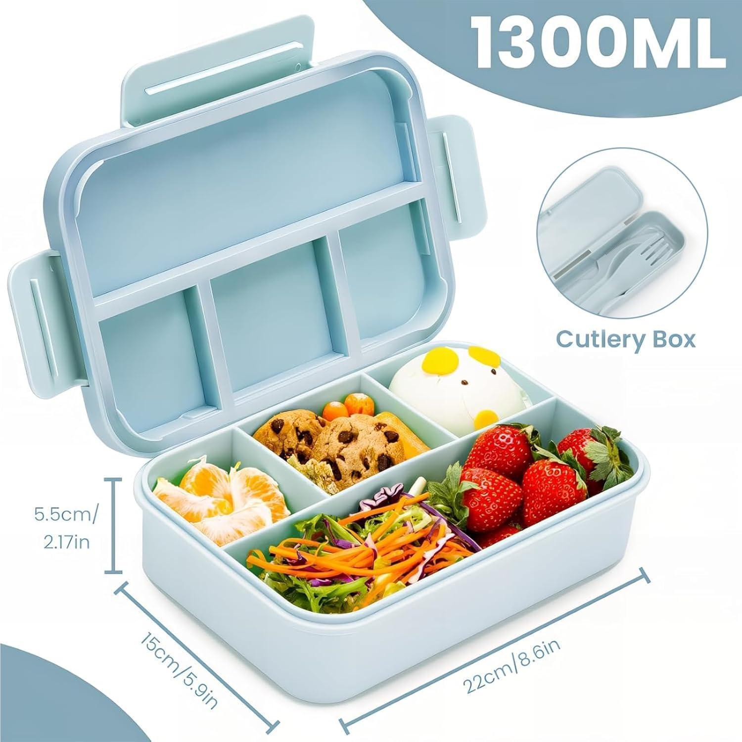 Porta pranzo azzurro a quattro scomparti con frutta, biscotti, insalata e snack, con dimensioni e scatola di posate.