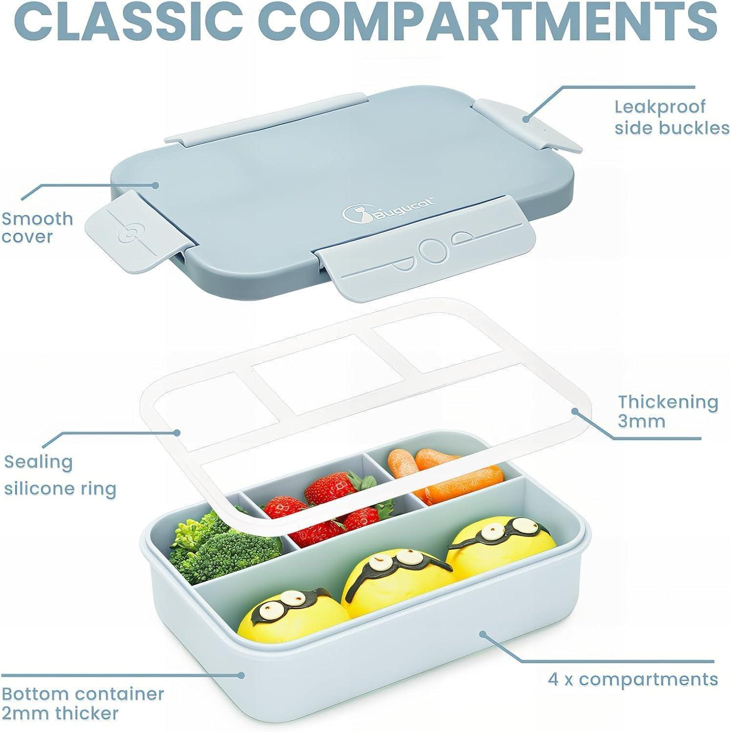Porta pranzo blu con 4 scomparti, coperchio rimovibile, anello in silicone e snack come carote e fragole.