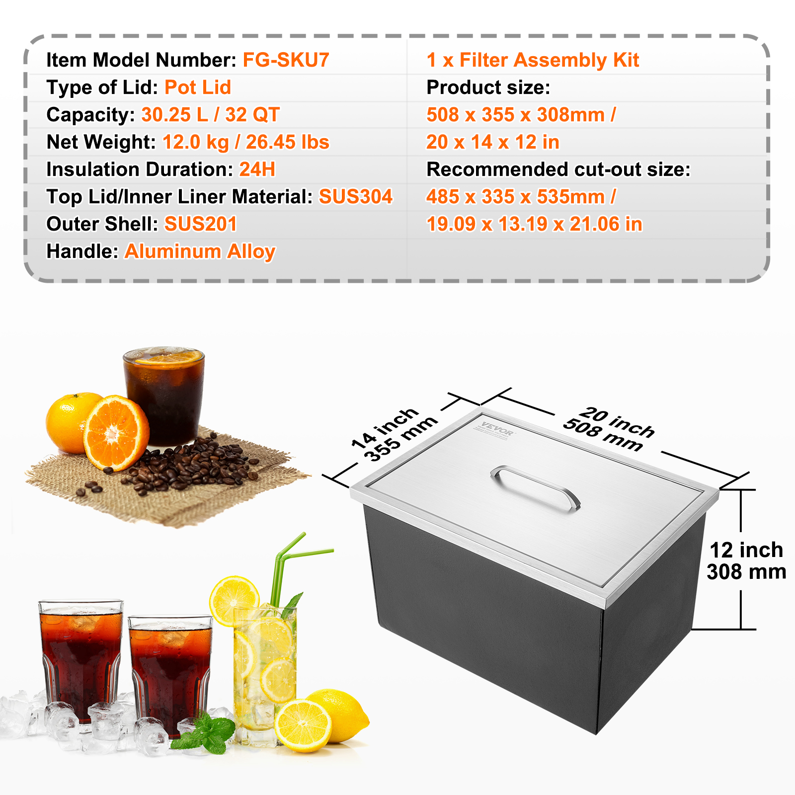 Especificaciones y dimensiones de un contenedor de bebidas de acero inoxidable.